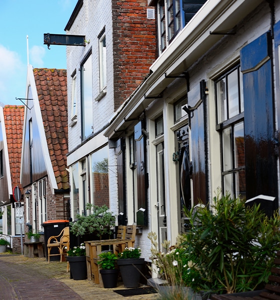 Karakteristieke straat met traditionele woningen op Texel