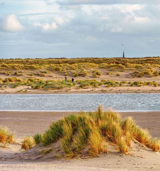 Duinlandschap op Texel met strand, water en wandelaars in de verte