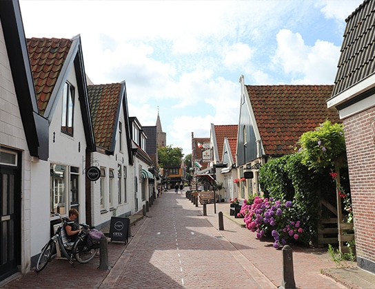Karakteristieke dorpsstraat op Texel met traditionele woningen en rode dakpannen